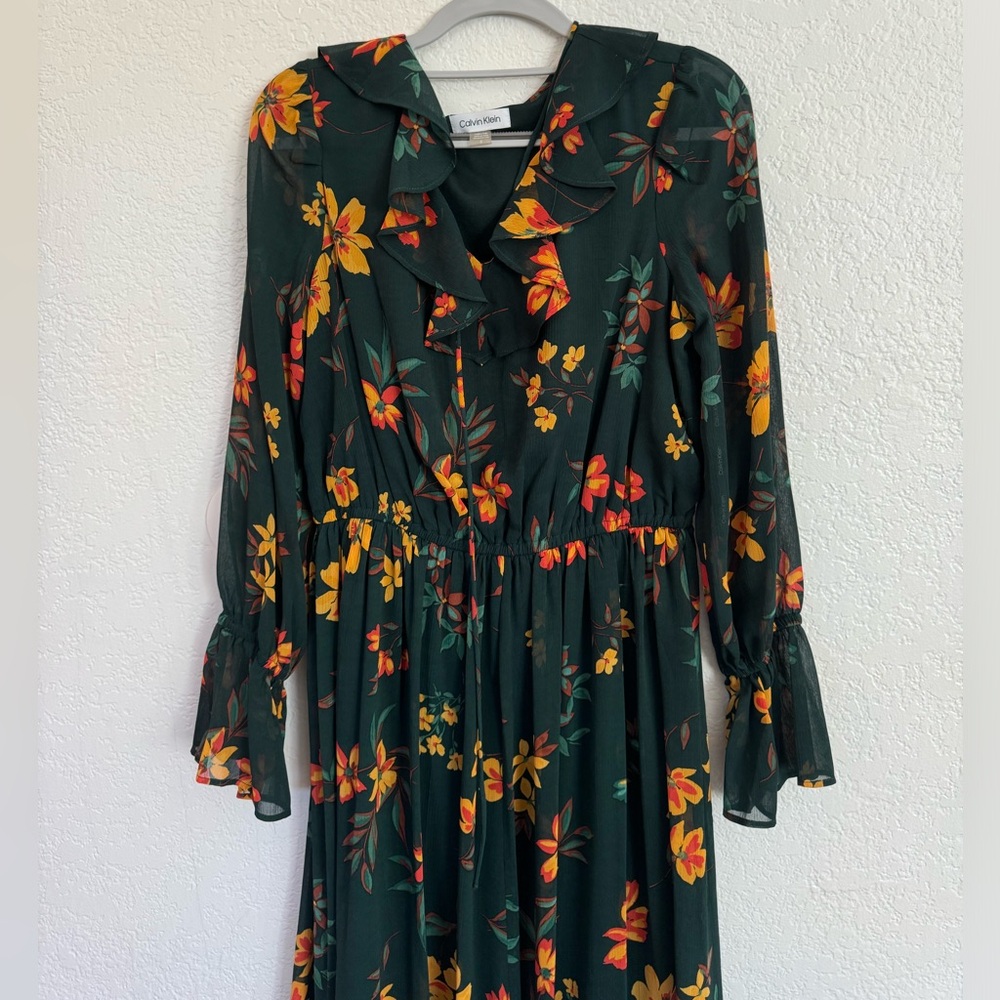 Calvin Klein midi chiffon floral dress dark green with yellow orange red